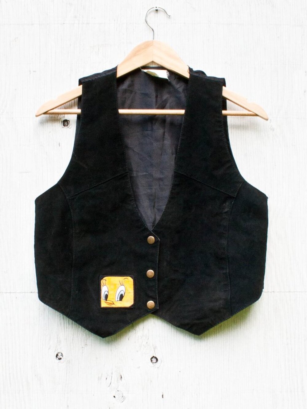 Black Suede Looney Tunes Vest - Tweety - Small/Med - 90s Leather Vest